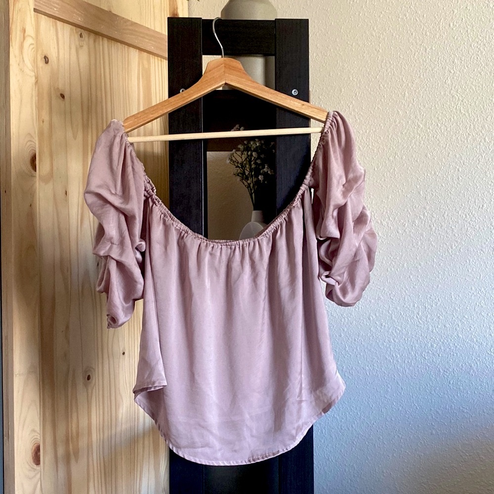 Mauve taupe blush silky ruffle sleeve puff shoulder or off the shoulder top